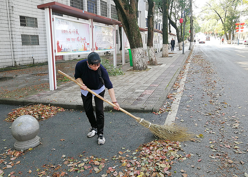 保洁人员清扫地上的落叶